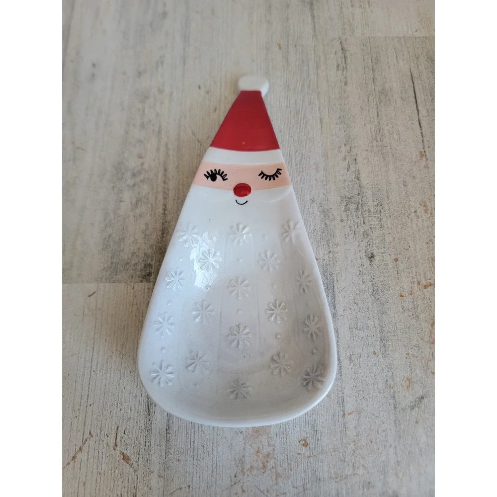 Santa Claus winking vintage spoon rest ceramic Xmas snowflake ceramic kitchen